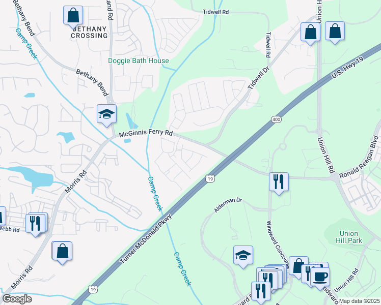 map of restaurants, bars, coffee shops, grocery stores, and more near 13294 Kemper Road in Alpharetta