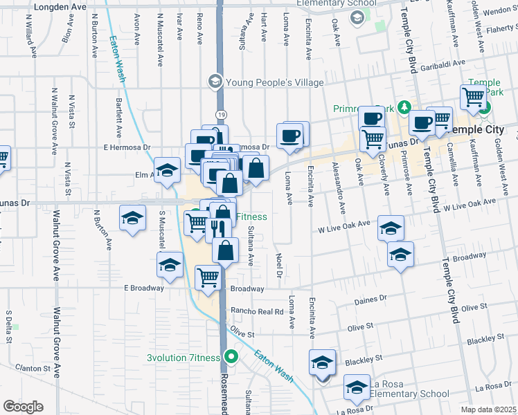 map of restaurants, bars, coffee shops, grocery stores, and more near 5702 Sultana Avenue in Temple City