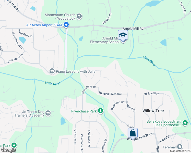 map of restaurants, bars, coffee shops, grocery stores, and more near 1204 River Forest Lane in Woodstock
