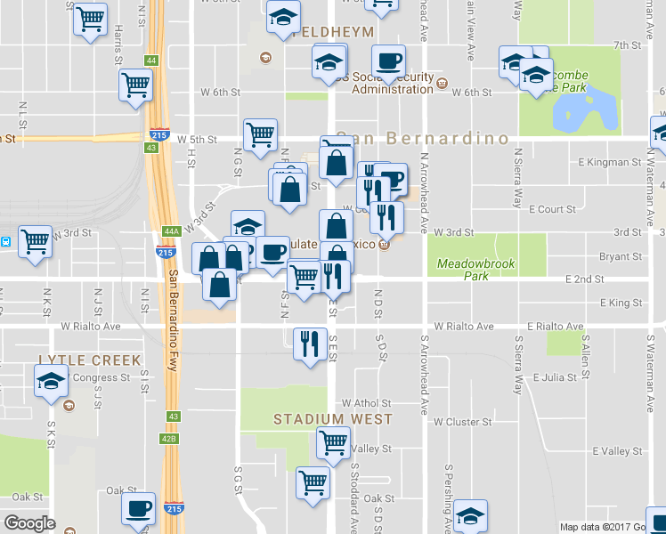 map of restaurants, bars, coffee shops, grocery stores, and more near 203 North E Street in San Bernardino