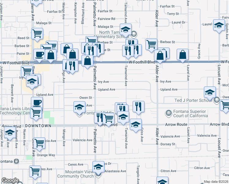 map of restaurants, bars, coffee shops, grocery stores, and more near 17425 Upland Avenue in Fontana