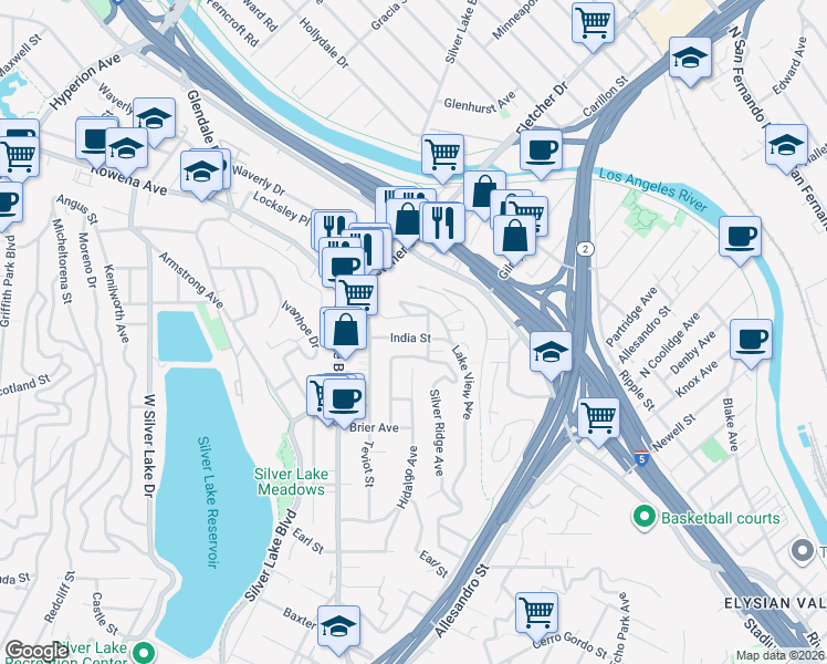 map of restaurants, bars, coffee shops, grocery stores, and more near 2239 Electric Street in Los Angeles