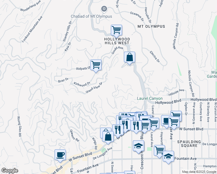 map of restaurants, bars, coffee shops, grocery stores, and more near Woods Drive in Los Angeles