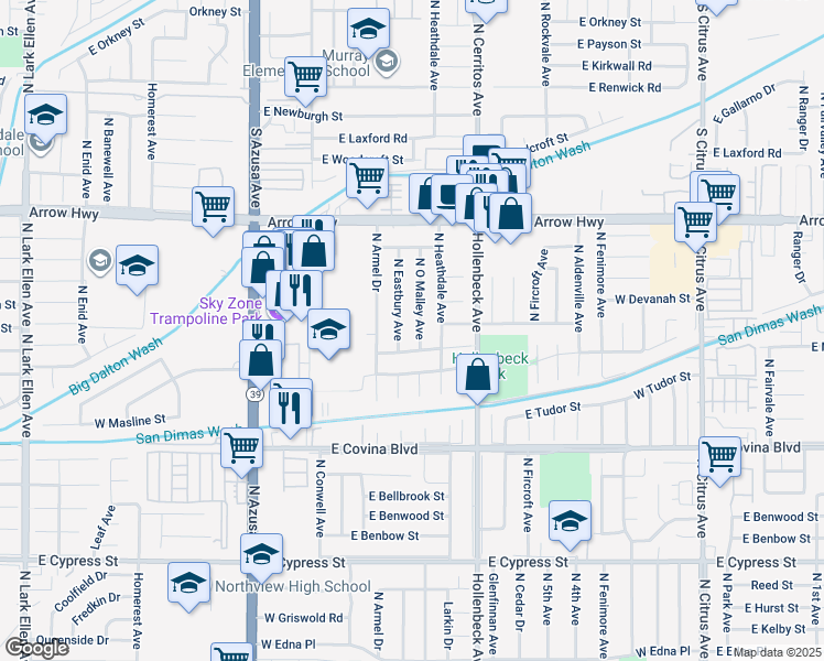 map of restaurants, bars, coffee shops, grocery stores, and more near 1307 North O Malley Avenue in Covina