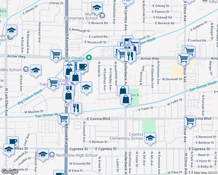 map of restaurants, bars, coffee shops, grocery stores, and more near 1307 North O Malley Avenue in Covina