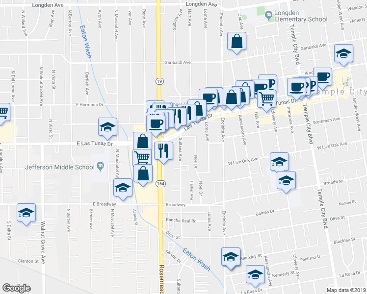 map of restaurants, bars, coffee shops, grocery stores, and more near 5702 Sultana Avenue in Temple City