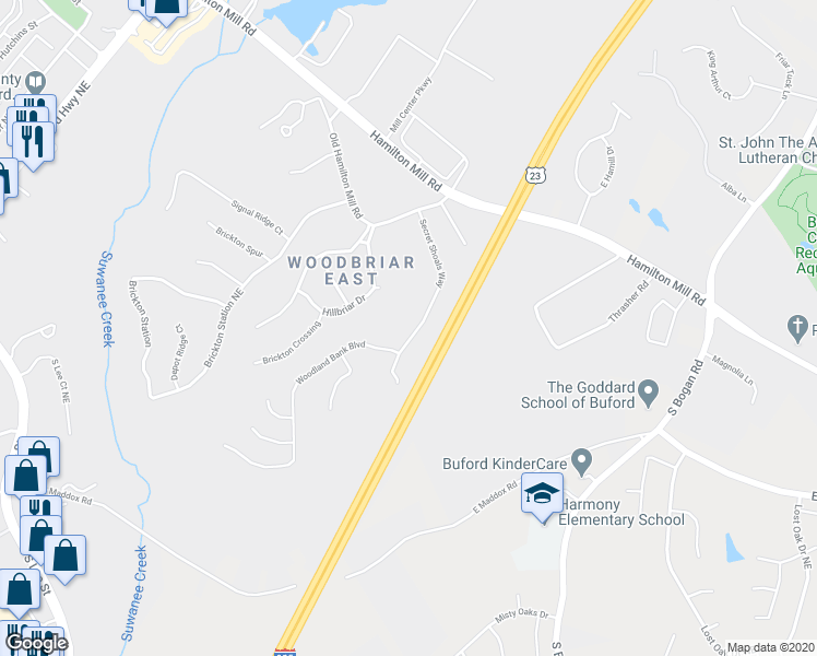 map of restaurants, bars, coffee shops, grocery stores, and more near 4100 Secret Shoals Way in Buford