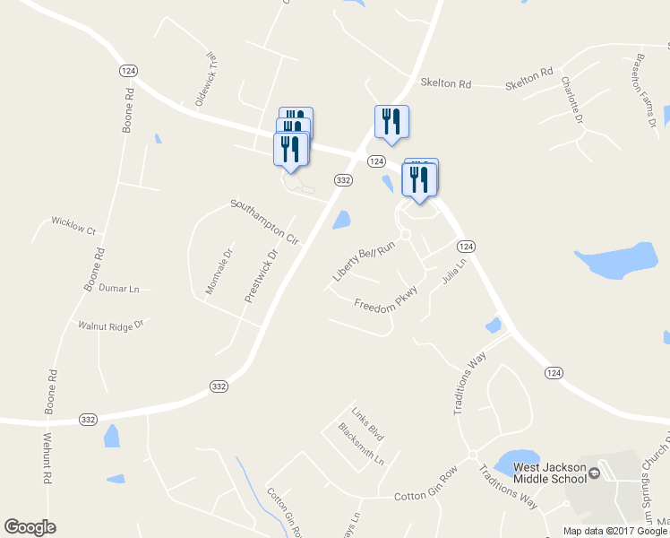 map of restaurants, bars, coffee shops, grocery stores, and more near 880 Liberty Bell Run in Hoschton