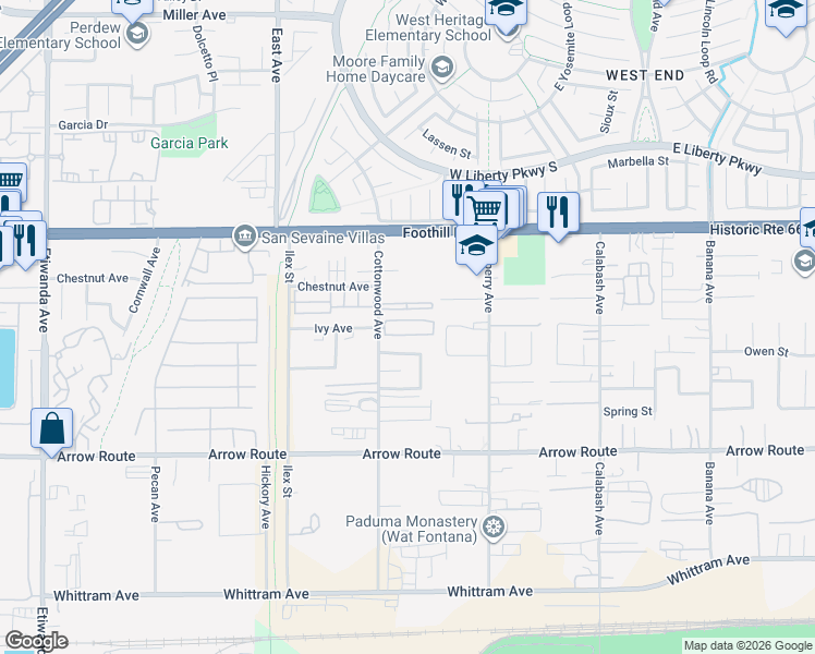 map of restaurants, bars, coffee shops, grocery stores, and more near 8297 Cottonwood Avenue in Fontana