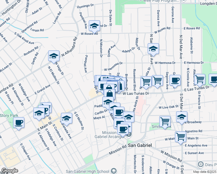 map of restaurants, bars, coffee shops, grocery stores, and more near 641 West Las Tunas Drive in San Gabriel