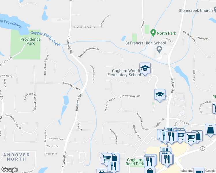 map of restaurants, bars, coffee shops, grocery stores, and more near 2475 Hopewell Plantation Drive in Alpharetta