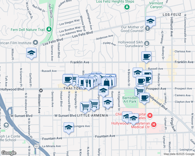 map of restaurants, bars, coffee shops, grocery stores, and more near 1751 North Mariposa Avenue in Los Angeles