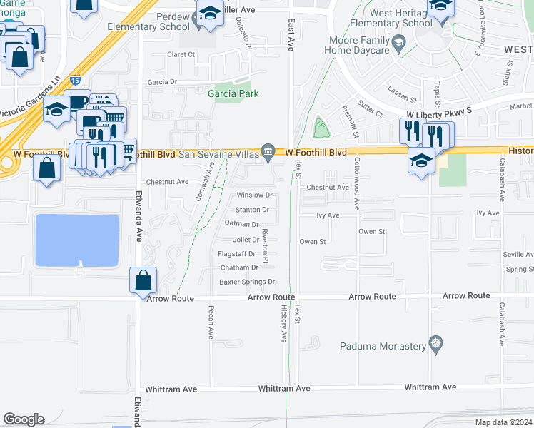 map of restaurants, bars, coffee shops, grocery stores, and more near 13233 Stanton Drive in Rancho Cucamonga