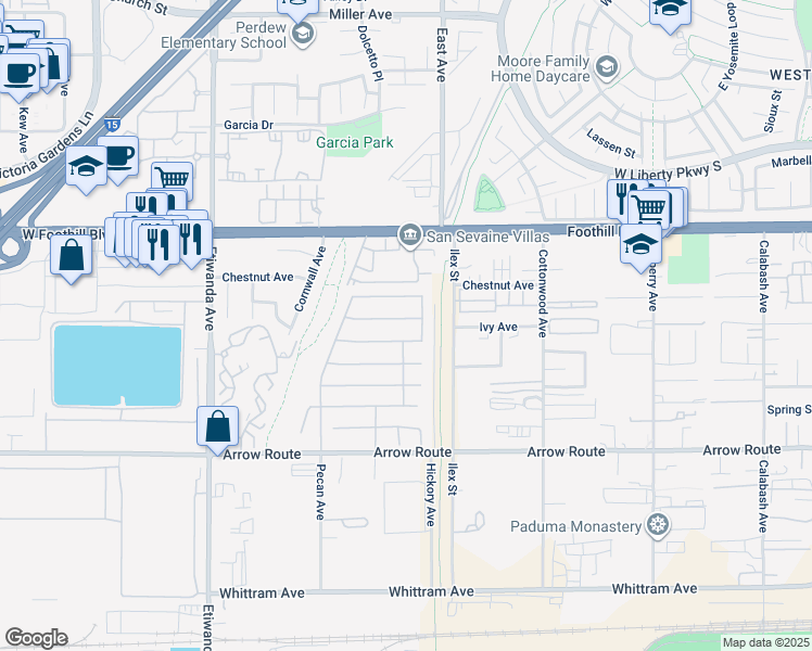 map of restaurants, bars, coffee shops, grocery stores, and more near 13233 Stanton Drive in Rancho Cucamonga