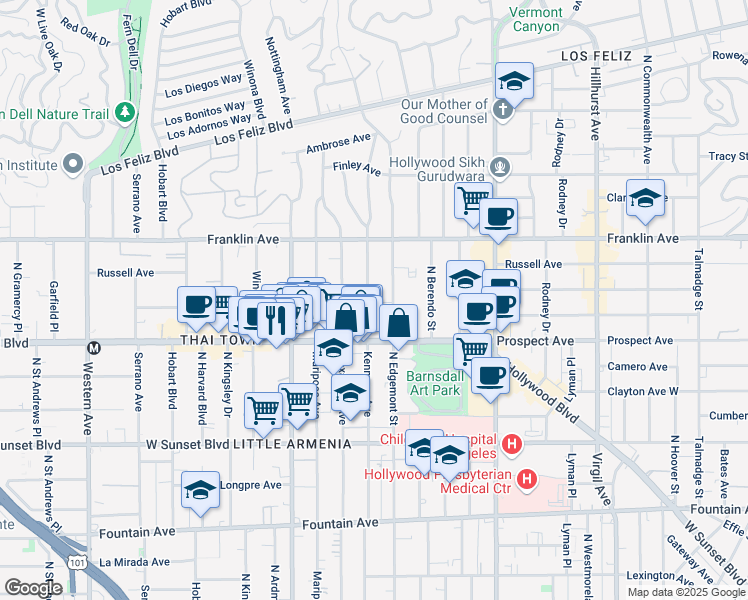 map of restaurants, bars, coffee shops, grocery stores, and more near 1748 North Kenmore Avenue in Los Angeles