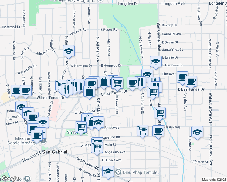 map of restaurants, bars, coffee shops, grocery stores, and more near 202 East Las Tunas Drive in San Gabriel