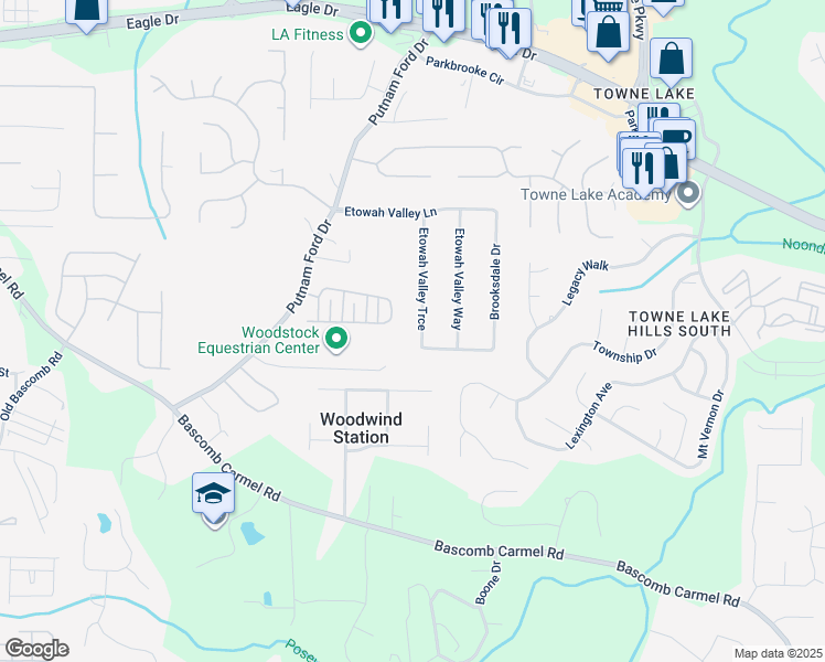 map of restaurants, bars, coffee shops, grocery stores, and more near 334 Etowah Valley Trce in Woodstock