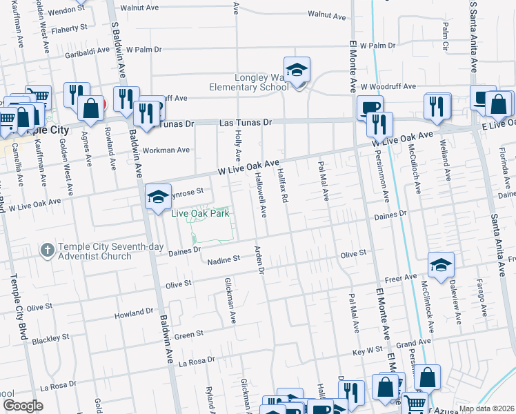 map of restaurants, bars, coffee shops, grocery stores, and more near 5527 Hallowell Avenue in Arcadia
