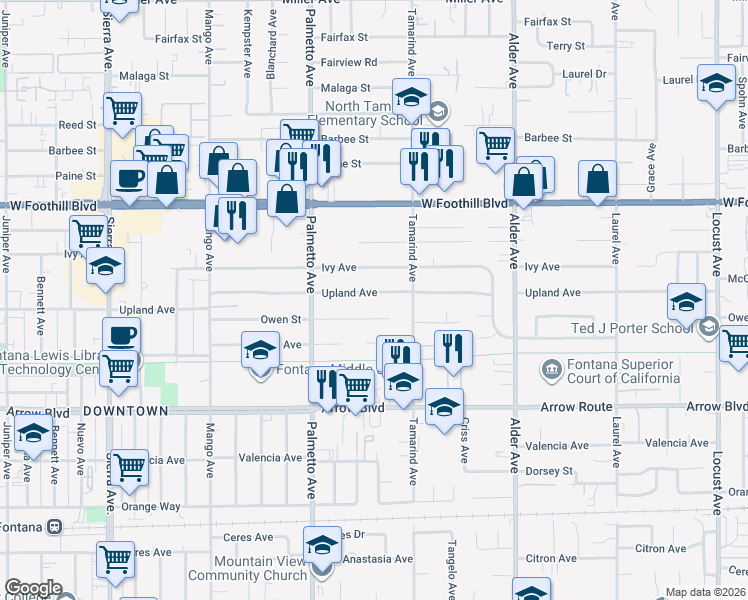 map of restaurants, bars, coffee shops, grocery stores, and more near 17425 Upland Avenue in Fontana