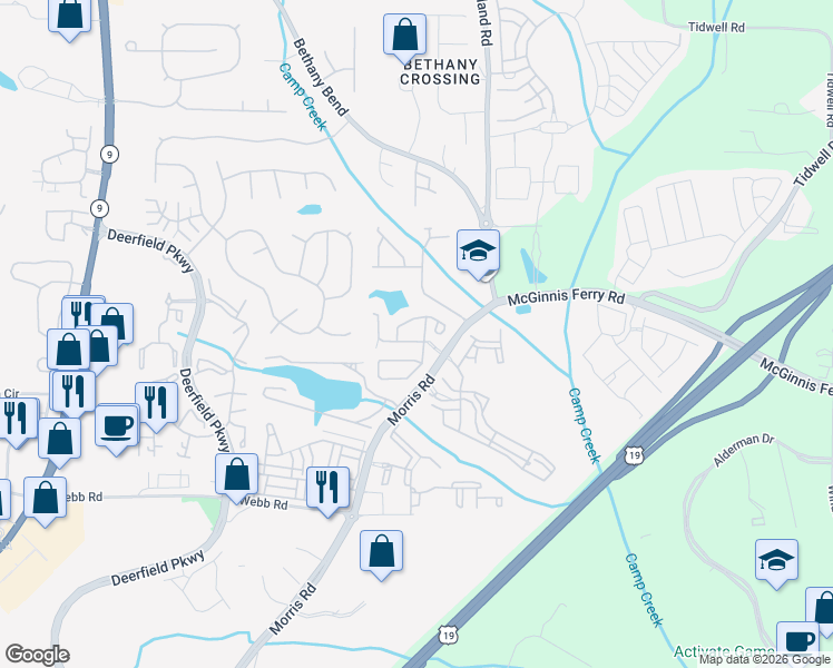 map of restaurants, bars, coffee shops, grocery stores, and more near 13300 Morris Road in Alpharetta