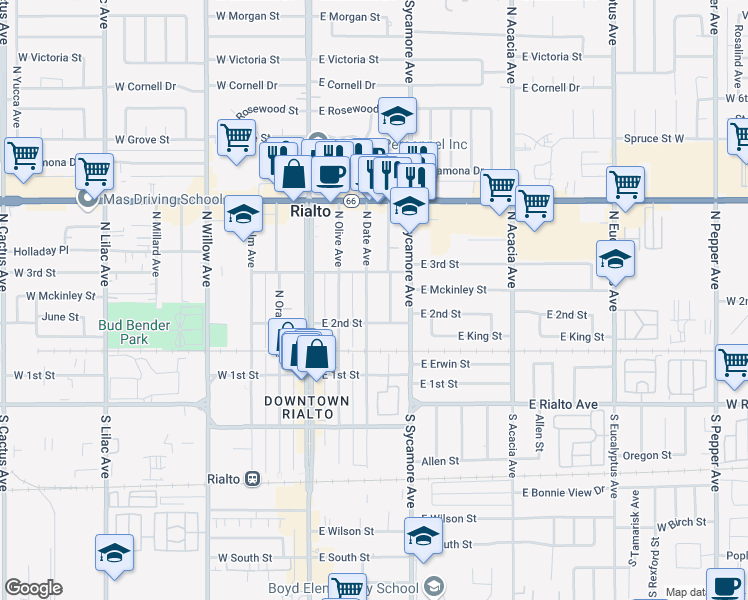 map of restaurants, bars, coffee shops, grocery stores, and more near 219 North Date Avenue in Rialto