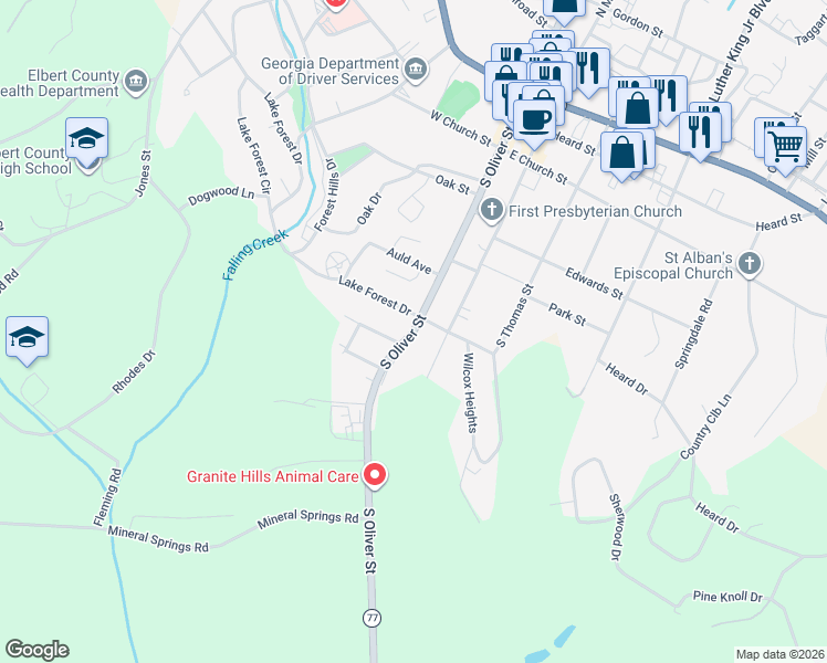 map of restaurants, bars, coffee shops, grocery stores, and more near South Oliver Street in Elberton
