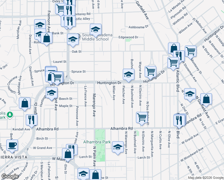 map of restaurants, bars, coffee shops, grocery stores, and more near 1921 Milan Avenue in South Pasadena