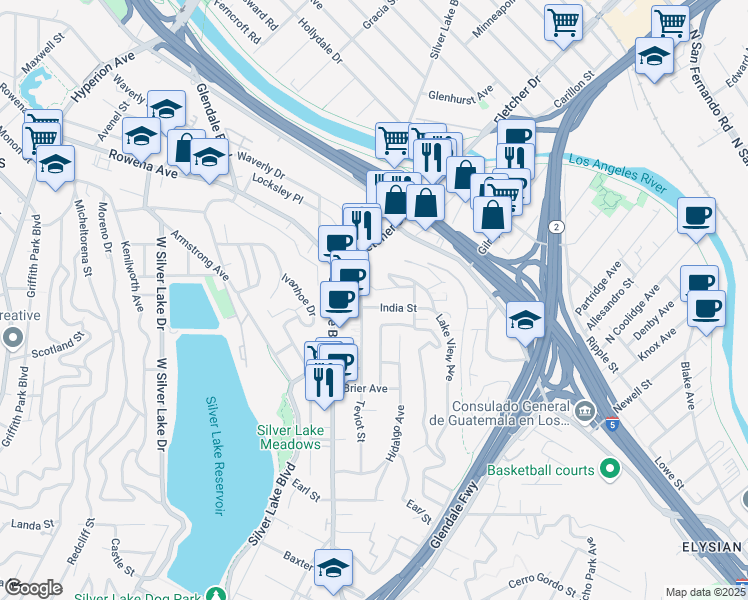 map of restaurants, bars, coffee shops, grocery stores, and more near 2279 India Street in Los Angeles