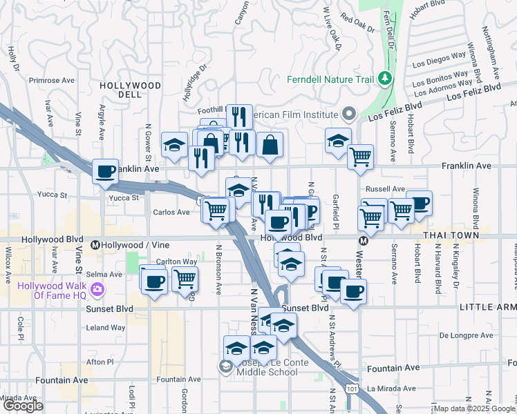 map of restaurants, bars, coffee shops, grocery stores, and more near 1750 North Van Ness Avenue in Los Angeles