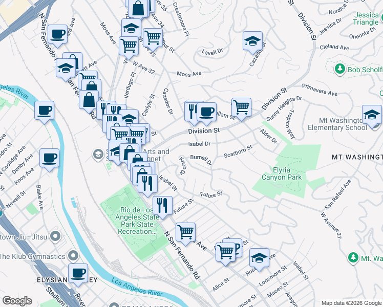 map of restaurants, bars, coffee shops, grocery stores, and more near 3217 Isabel Drive in Los Angeles