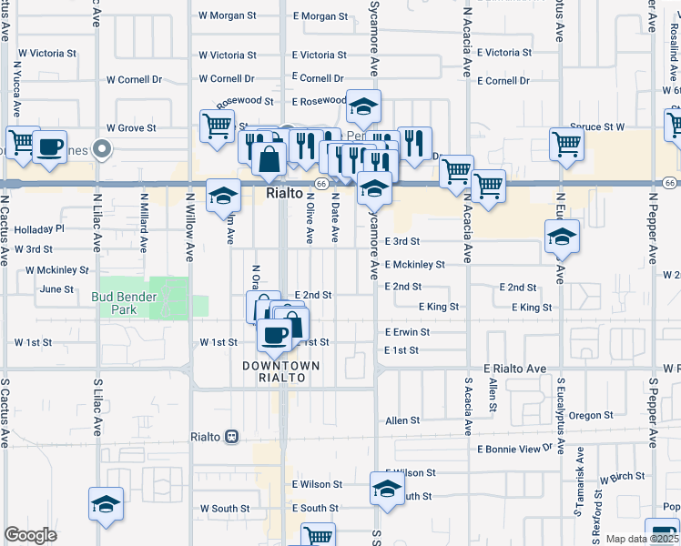 map of restaurants, bars, coffee shops, grocery stores, and more near 219 North Date Avenue in Rialto