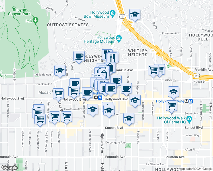 map of restaurants, bars, coffee shops, grocery stores, and more near 6765 Yucca Street in Los Angeles