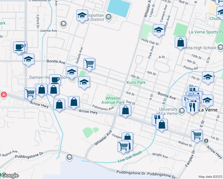 map of restaurants, bars, coffee shops, grocery stores, and more near 1444 3rd Street in La Verne