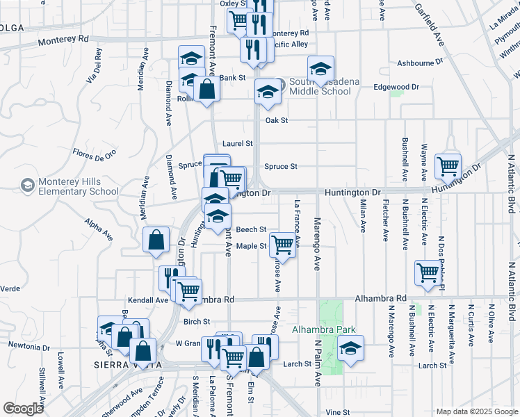 map of restaurants, bars, coffee shops, grocery stores, and more near 1495 Huntington Drive in South Pasadena