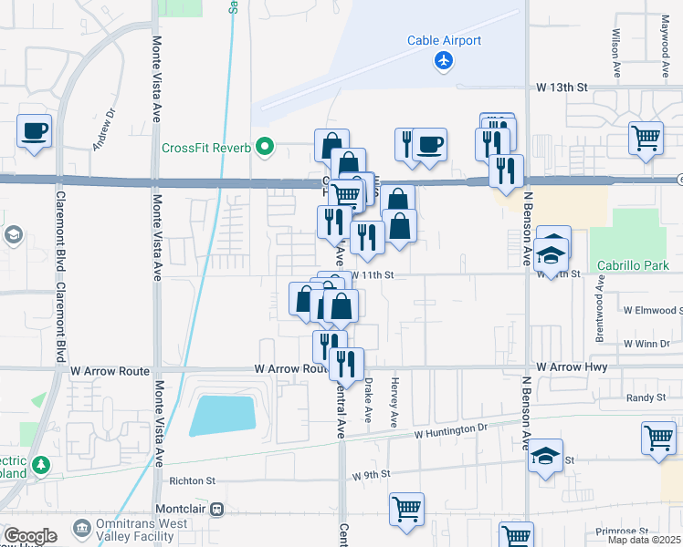map of restaurants, bars, coffee shops, grocery stores, and more near 2 North Central Avenue in Upland
