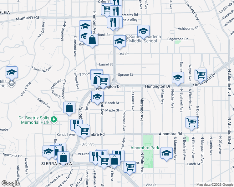 map of restaurants, bars, coffee shops, grocery stores, and more near 1504 Oneonta Knoll in South Pasadena