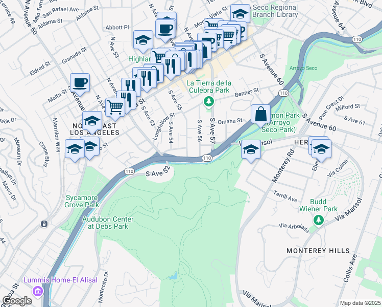 map of restaurants, bars, coffee shops, grocery stores, and more near 315 South Avenue 55 in Los Angeles