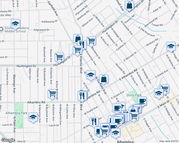 map of restaurants, bars, coffee shops, grocery stores, and more near 915 North Stoneman Avenue in Alhambra