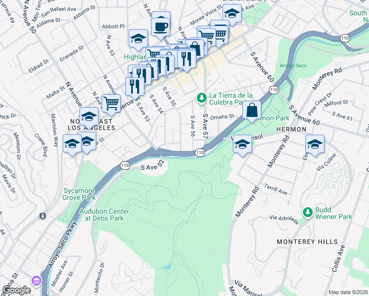 map of restaurants, bars, coffee shops, grocery stores, and more near 315 South Avenue 55 in Los Angeles