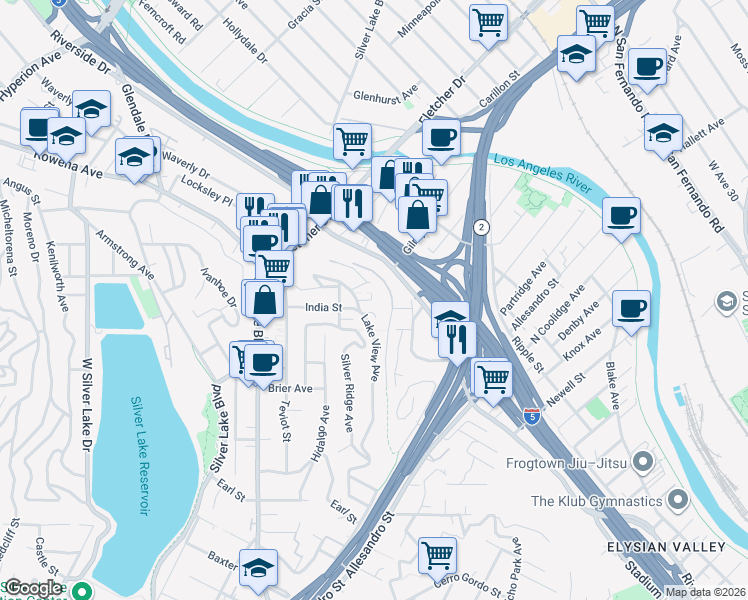 map of restaurants, bars, coffee shops, grocery stores, and more near 2106 Roselin Place in Los Angeles