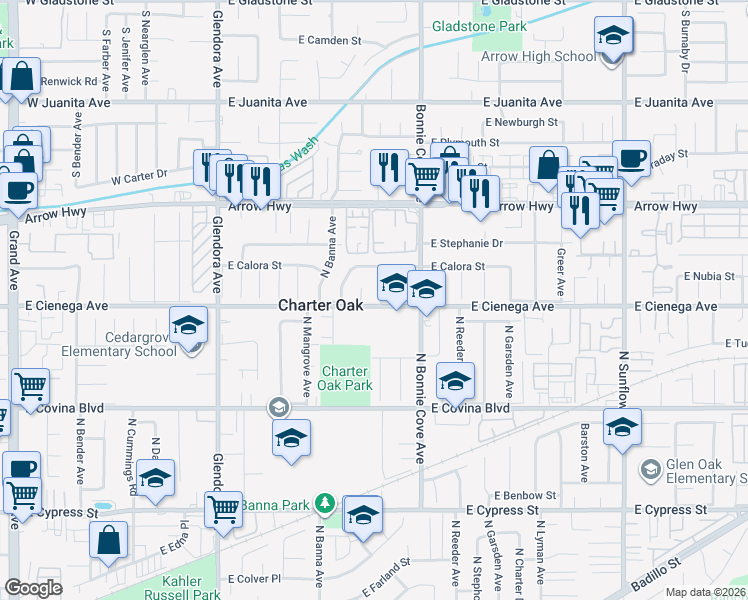 map of restaurants, bars, coffee shops, grocery stores, and more near 5001 North Darfield Avenue in Covina