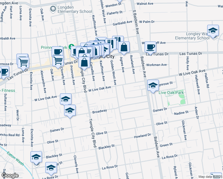 map of restaurants, bars, coffee shops, grocery stores, and more near 5709 Golden West Avenue in Temple City