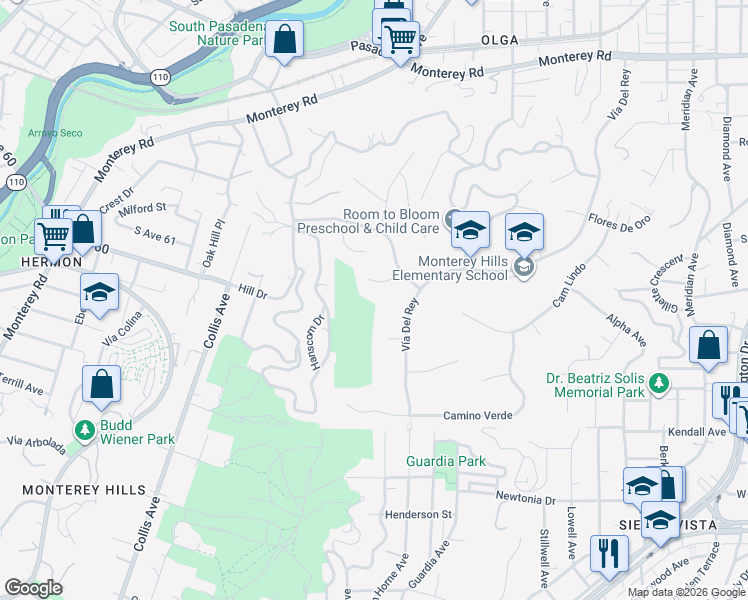 map of restaurants, bars, coffee shops, grocery stores, and more near 1848 La Manzanita Street in South Pasadena
