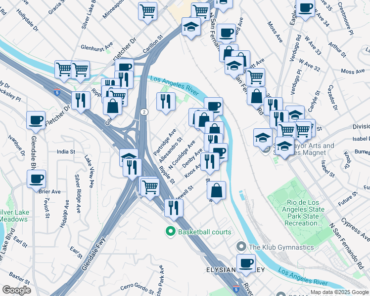 map of restaurants, bars, coffee shops, grocery stores, and more near 2911 North Coolidge Avenue in Los Angeles