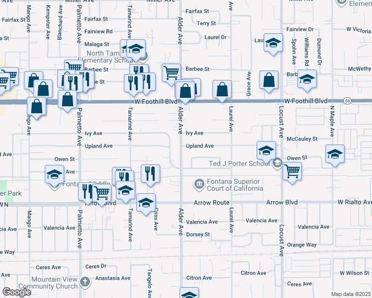 map of restaurants, bars, coffee shops, grocery stores, and more near 17721 Upland Avenue in Fontana