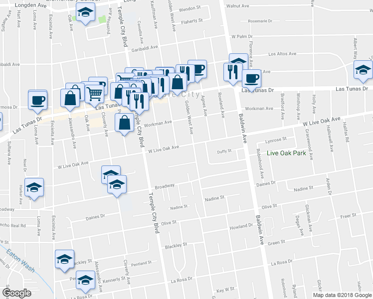 map of restaurants, bars, coffee shops, grocery stores, and more near 9720 Live Oak Avenue in Temple City