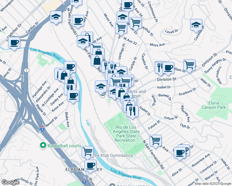 map of restaurants, bars, coffee shops, grocery stores, and more near 2211 North San Fernando Road in Los Angeles