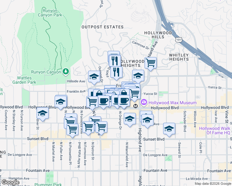 map of restaurants, bars, coffee shops, grocery stores, and more near 1757 North Orange Drive in Los Angeles