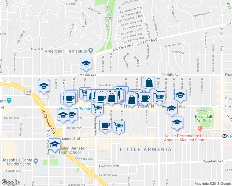 map of restaurants, bars, coffee shops, grocery stores, and more near 5341 Loma Linda Avenue in Los Angeles