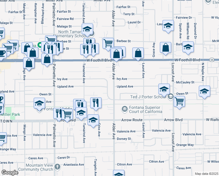 map of restaurants, bars, coffee shops, grocery stores, and more near 8246 Alder Avenue in Fontana